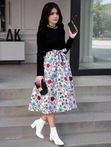 Sparklyn Tween-Mädchen Lässiges Kleid mit floralem Patchwork-Muster und Kunstperlenverzierung, Herbst - Verschiedenfarbig - Übersicht 1