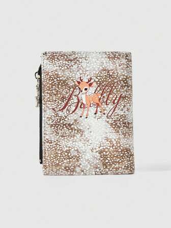 Fairycore 1pc Creative Deer & Snowflake Letter Print Design Khaki Wallet, Fashion Versatile Women's Zipper Coin Purse, Casual Stylish Card Holder