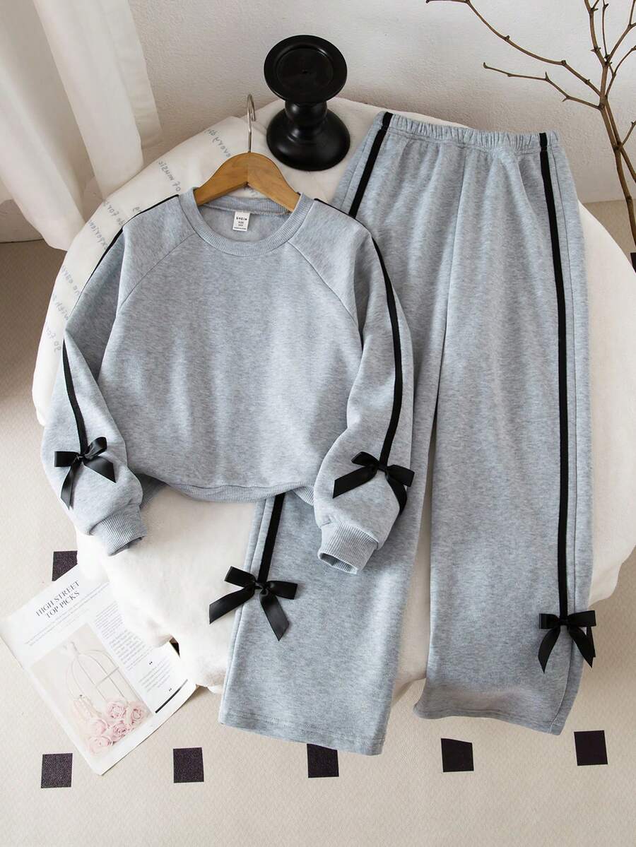 Genkimix Kids Bộ 2 món/Bộ thời trang cho bé gái áo dài tay cổ tròn màu xám và quần ống rộng có nơ trang trí, mùa thu/đông - Xám - Xem 1