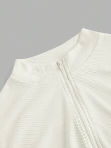 SHEIN EZwear 2 件女士休闲简约风格真刺绣字母徽章拉链高领紧身连体衣，百搭服装，适合秋冬季，机场搭配 - 黑與白 - 查看 4