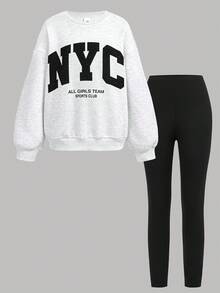 SHEIN Girlism Trang phục thường ngày cho bé gái tuổi teen - Áo nỉ cổ tròn màu xám nhạt dáng rộng in chữ NYC, kết hợp với quần legging in họa tiết bó sát - Xám - Xem 7
