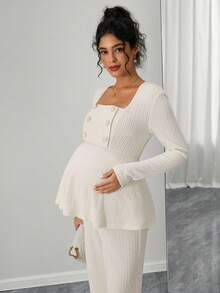 SHEIN 2pcs Maternity & Nursing Solid Square Neck Raglan Sleeve Double-Breasted Textured Fabric Set