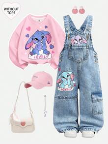 SHEIN Baby Girl  Cute Cartoon Rabbit Pattern Blue Denim Loose Bib Pants,Fall Clothes,Winter Clothing ,Casual And Fashionable Vacation Outfits,2000s Style  ,Christmas Clothing, Imitation Stitch Color  Cute Pattern, Workwear Pocket Denim Overall - Light Wash - View 1