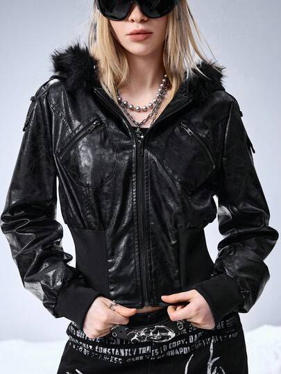 Grunge Punk Kpop Punk Embossed PU Leather Short Fitted Fur Collar Hooded Jacket