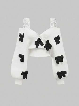 Kawaii Maglione casual sexy francese con scollo a V profondo, spalline in pizzo e fiocco