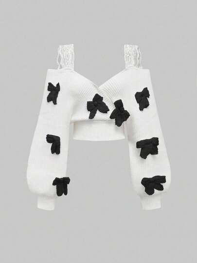 Kawaii Suéter casual sexy francés con tirantes de encaje, escote profundo en V, hombros descubiertos y lazo