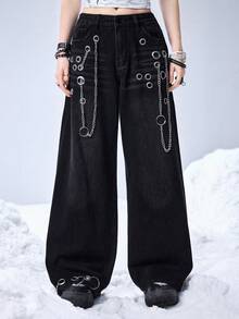 ROMWE EDITION Kpop Punk Street Chic Chain Decor Wide Leg Pants - Black - View 6