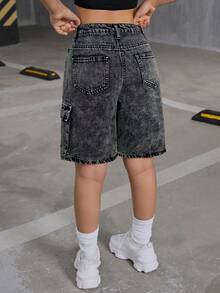 SHEIN Teen Girls Y2K Fashionable Low Waist Flap Pocket Baggy Denim Cargo Jeans Shorts,Teen Girl Back To School Clothes Outfits - Black - View 2