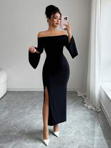 Elenzga Slit Off-Shoulder Long Sleeve Fitted Elegant Party Dress For Women, Autumn/Winter - Black - View 6