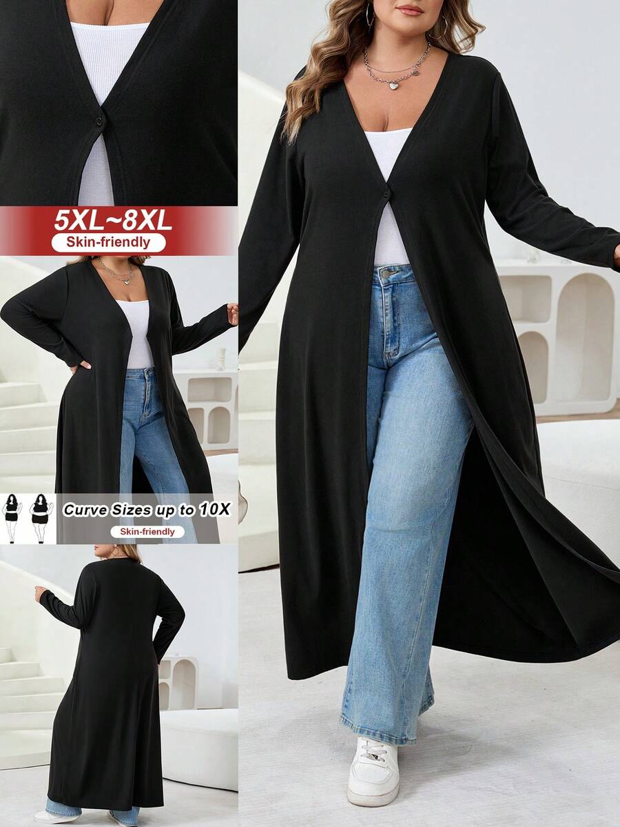 SHEIN CURVE+ 加大码纯色修身纽扣休闲开衫,女式秋季冬季服装 - 黑色 - 查看 1