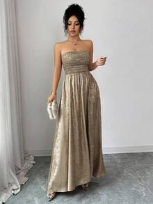 SHEIN Elenzya 女士优雅金箔正式礼服，派对无肩带长裙，秋冬款 - 金色 - 查看 7