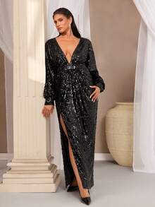 VOLUPTÉ CURVE Plus Size Women's Spring/Summer Black Floor Length Dress Sequin V Neck Long Sleeve Side Slit,Elegant Casual Formal Beach Party Wedding Guest Dress - Black - View 4