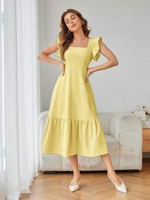 Revavyn Solid Color Square Neck Ruffle Armhole And Hemline Dress Vacation Outfits Woman  - Yellow - View 3
