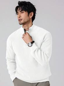 Manfinity Mode Men's Solid Color Half-Zip Casual Pullover Sweater, Men Sweat Shirts, Men White, Men Zip Up Shirt, Men Knit Tops, For Fall Winter - White - View 5