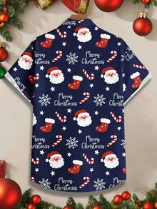 Manfinity Homme 男士圣诞主题印花前开襟纽扣休闲短袖衬衫 - 藏蓝色 - 查看 2