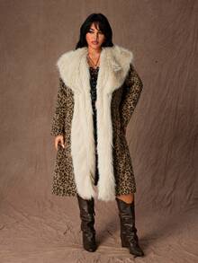 Rustia Plus Size Leopard Print Wool Blend Coat With Faux Fur Collar, Mid-Length, Winter - Brown - View 4