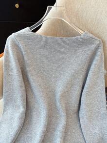 SHEIN Franclia 法式优雅手工3D立体花卉喇叭袖毛衣 - 灰色 - 查看 6