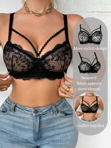 DesireSculpt 1pc Women's Wireless Mesh Embroidered Bra - Black - View 8