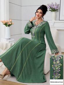 Al Najma Embroidered Lace Patchwork Elegant Modest Long Sleeve Dress