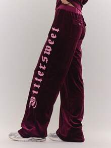 MUSERA Velour Embroidered Straight Leg Joggers Tracksuit Bottoms Only Winter Cute Casual Cosy Cherry Lacquer - Maroon - View 3