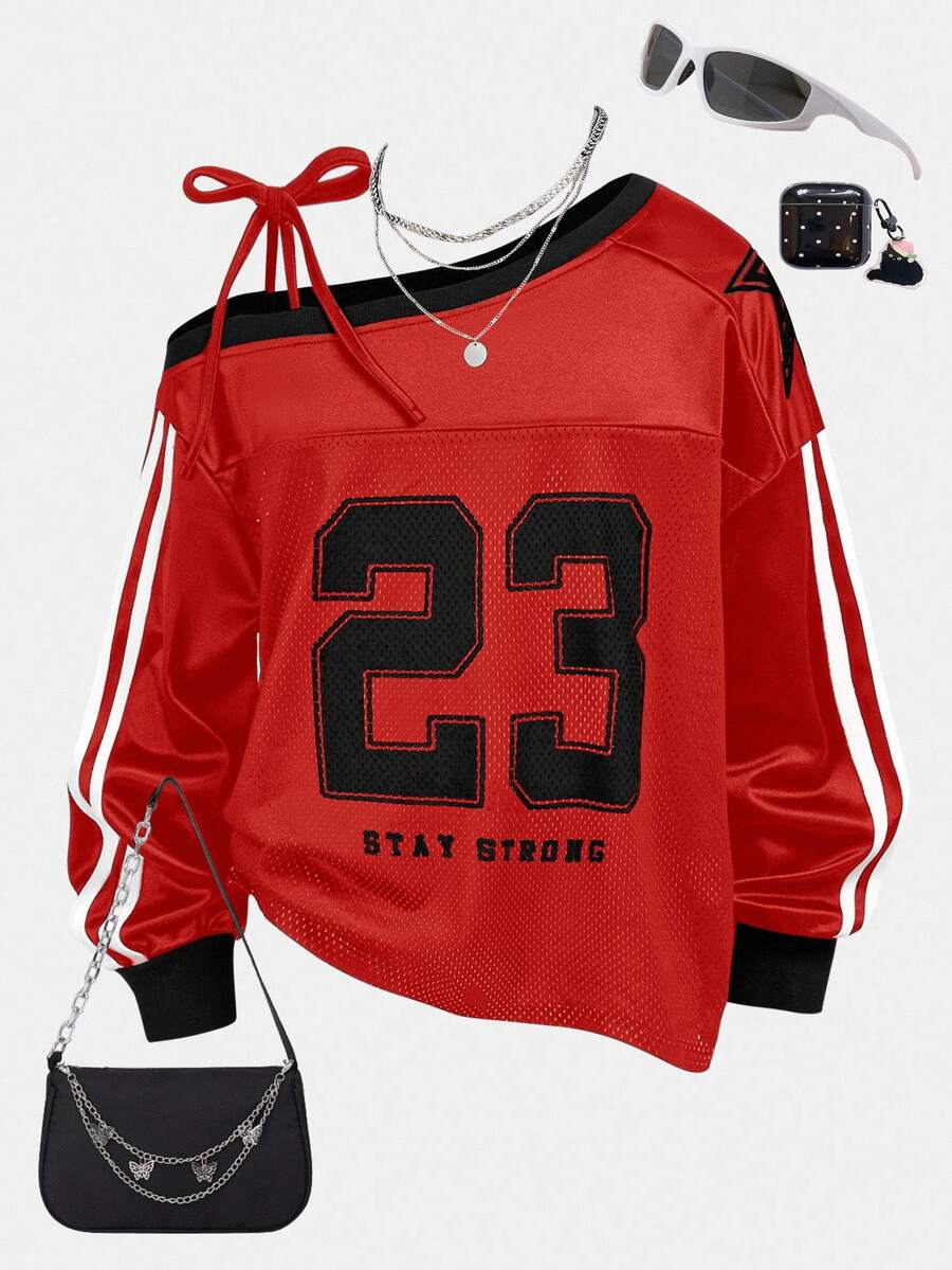 Girlism 少女卫衣：红色丝网印花T恤，斜肩数字印花单肩蝴蝶结吊带背心，返校季，街头风，运动休闲风 - 紅色 - 查看 1