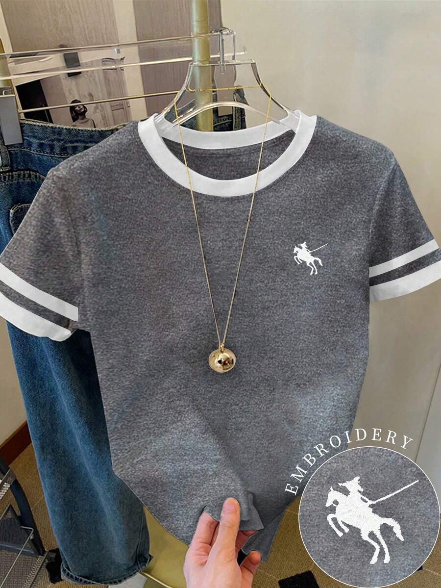 Resyla 女款T恤/保罗图案印花/刺绣工艺/女士宽松休闲撞色圆领T恤上衣/春夏 - 彩色 - 查看 1