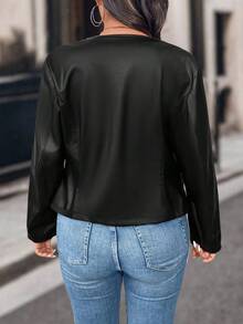 EMERY ROSE Plus Size Solid Color Front Zip Long Sleeve Casual Jacket Fall Winter Cloth For Women Autumn - Black - View 2