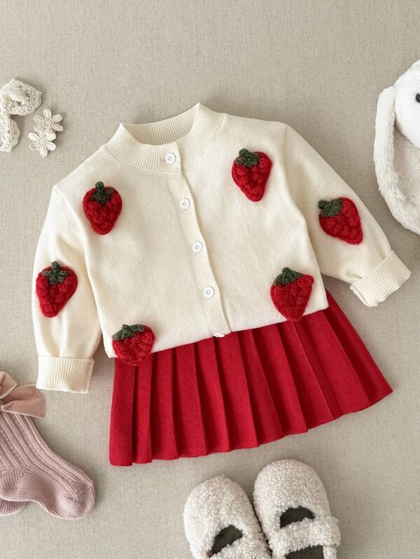 Blossori Conjunto de cardigan y falda de punto con estampado de fresas elegante francés para niñas bebé