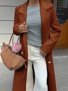 Flirla Beige Woolen Coat, High-End European And American Elegant British Style Fashion Korean Design Women Long Jacket, Autumn/Winter - Rust Brown - View 3