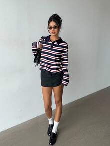 Aloruh Women's Autumn/Winter Sweatshirt Polo Shirt 2 In 1 Sweatshirt Red And Blue Striped Collegiate Style Retro Y2K Casual Top New Year Party - Multicolor - View 3