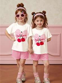 Emery Rose Kids Emery Rose Kids Bộ 2 chiếc/bộ dễ thương Mini kẻ caro màu hồng, họa tiết quả anh đào cho bé gái tuổi teen, áo thun cổ tròn tay ngắn thường ngày và quần short, thích hợp cho kỳ nghỉ hè - Nhiều màu - Xem 6