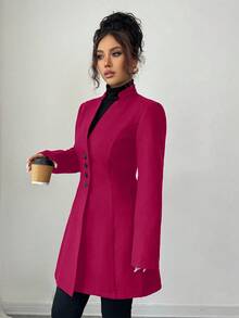 SHEIN Tall 女款休閒立領羊毛混紡修身長版外套 粉色西裝外套女裝西裝裙 高個女性適用 - 紅色 - 查看 5