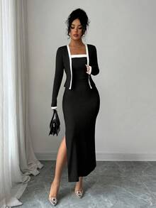 SHEIN Elenzya 两件套女士优雅撞色长袖开衫吊带裙套装，适合派对、家庭聚会、圣诞节、万圣节、情人节、新年、通勤和日常休闲穿着，秋冬季 - 黑色 - 查看 8