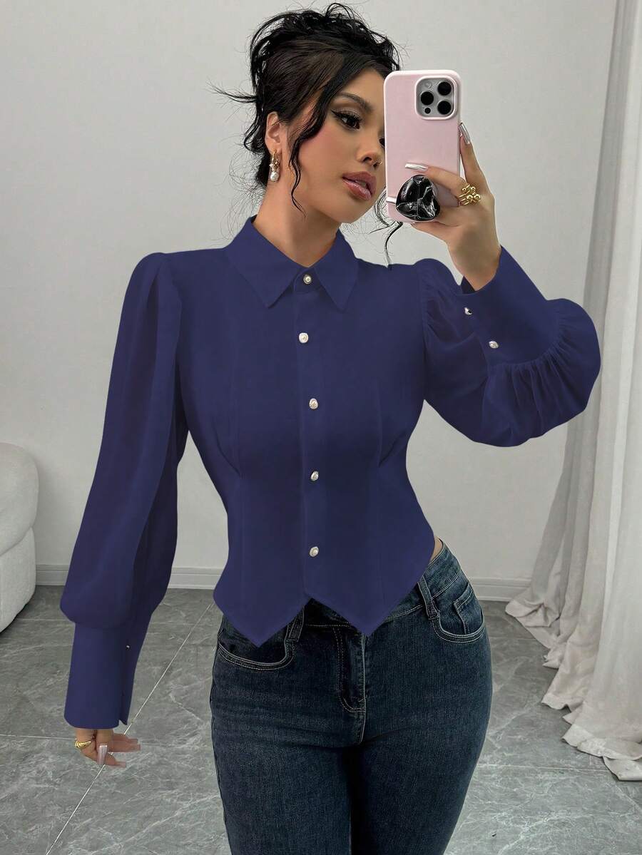 Elenzga Elegant Design Cropped Cardigan Shirt, Fitted Silhouette, Sheer Puff Sleeves, Versatile Classic White Blouse - Navy Blue - View 1