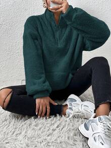 SHEIN EZwear Áo nỉ cổ đứng màu xanh ô liu cỡ lớn, có khóa kéo nửa, thu/đông - Màu xanh lá cây đậm - Xem 3