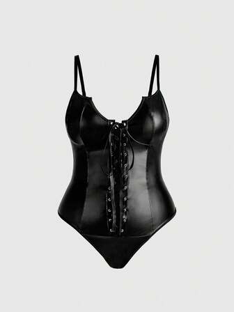 Combinaison sexy en PU avec laçage, baleines en acier, style gothique alien chauve-souris, grande taille, lingerie