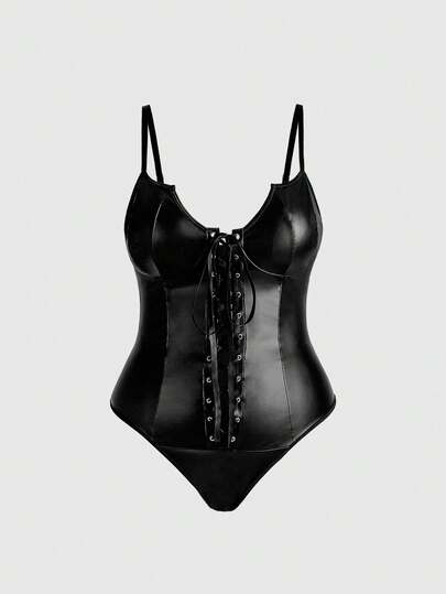 Goth Mono de lencería sexy con cordones, huesos de acero y estampado gótico de murciélago alienígena para tallas grandes