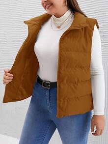 SHEIN LUNE Áo khoác vest thường ngày màu trơn có khóa kéo phía trước cỡ lớn dành cho nữ, mùa đông - Màu Khaki - Xem 4