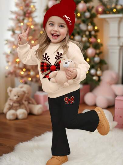 Apricot, Christmas Carnival Series, Cute & Glamorous Glitter Reindeer & Bow Print, Baby Girl Casual Comfortable Soft Warm Crew Neck Long Sleeve Sweatshirt & Flared Pants Set, Suitable For Autumn/Winter Daily Wear, New Year, Street Style, Home, Holiday