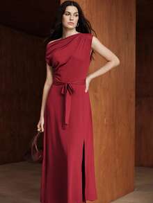 Uhlyne Women's Elegant High-Quality Burgundy Luxurious Chic Asymmetrical Shoulder Slit Fitted Slim Long Formal Dress For Party And Date - Burgundy - View 4