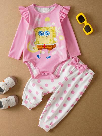 SpongeBob SquarePants | SHEIN Baby Girl Cartoon Pattern Pink Cute Long Sleeve Bodysuit And Pink Polka Dot Long Pants With 3D Bow Decor