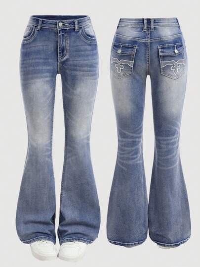 Girlism Tonårsflicka med broderat linjemönster i blå denim med låg midja och elastiska skinny utsvängda jeans