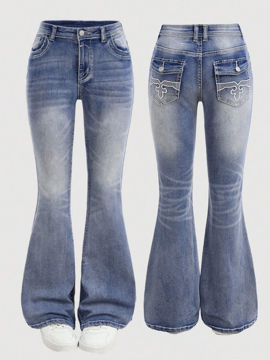 Girlism 少女刺绣线条图案蓝色牛仔低腰弹力紧身喇叭牛仔裤 - 淺色水洗藍 - 查看 1