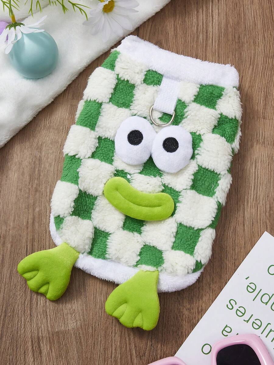 PETSIN 1 Ropa de otoño/invierno para mascotas, perros y gatos, suministros para mascotas, divertido perro pequeño y mediano con estampado a cuadros verdes (de doble capa) y diseño de osito de peluche de dibujos animados