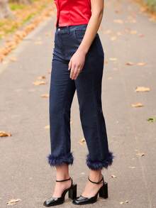 lacRébo 高腰深色直筒牛仔裤，裤脚饰有羽毛，俏皮别致的牛仔单品 - 深色水洗藍 - 查看 5