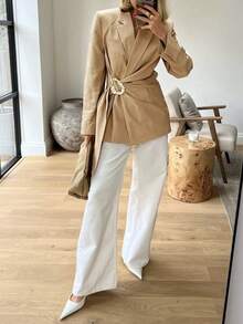 Siren Gaze Áo khoác Blazer nữ cổ ve trơn màu dài tay trang trí kim loại thời trang dành cho nữ Áo khoác Blazer nữ Áo khoác Blazer nữ Áo khoác đầm màu nâu - Màu Khaki - Xem 6