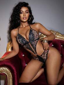 Bare Chapter Damen Body mit Spitzenmuster und Patchwork-Design, klassisches Tiermuster