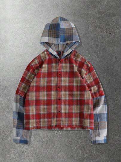 Herren Retro Patchwork Kontrast Karohemd, Loose Fit