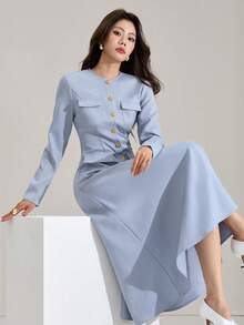 Heiryn 女士纯色前扣圆领优雅长袖中长连衣裙 - 灰藍色 - 查看 2