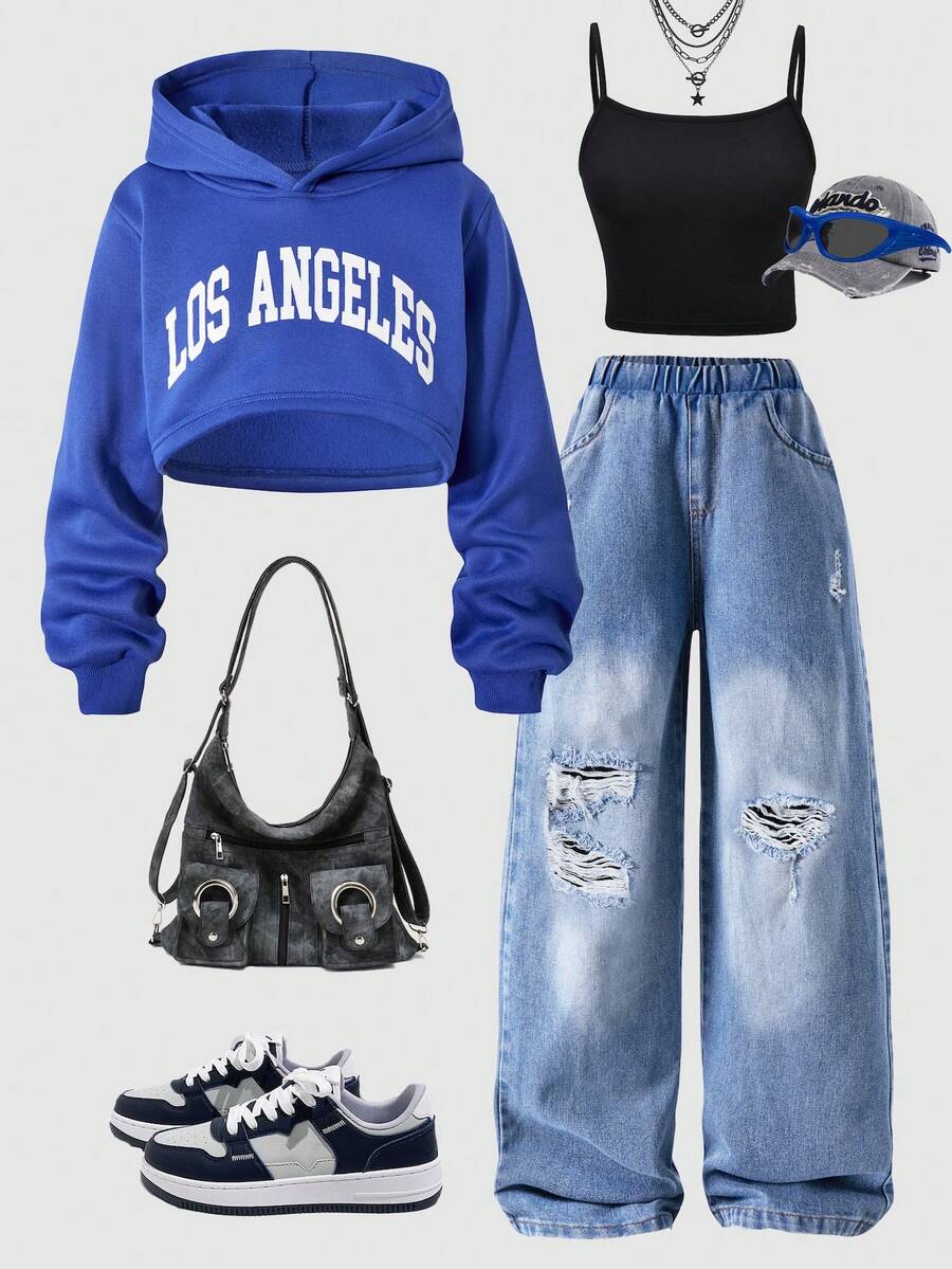 SHEIN ChillGRL 3件套:Tween City 名字印花短款连帽衫、简约肩带吊带背心和破洞阔腿牛仔裤 - 藍色 - 查看 1